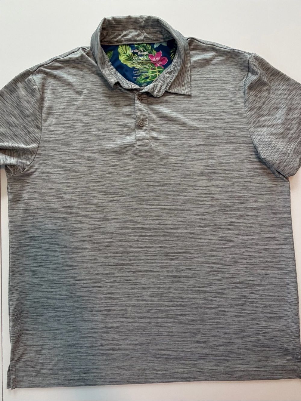 Birdie Bound Men's Heather Gray Polo with Floral-Trim Collar-XL